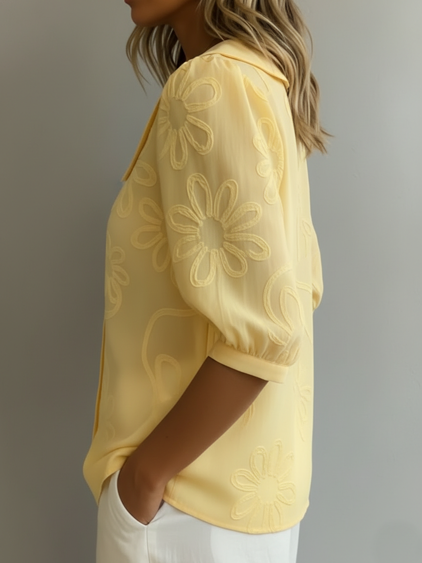 Women's Embroidered Floral Peter Pan Collar Puff Sleeve Blouse