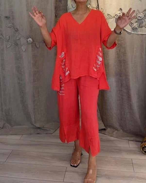 Women’s Two Piece Set V-Neck Oversized Top and Cropped Wide Leg Pants