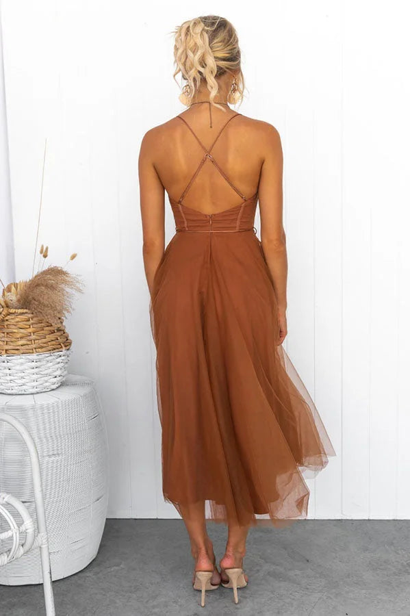 Women’s Tulle Bustier Midi Dress with Corset Bodice and Ruched Cups
