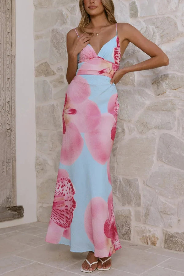 Women’s V-Neck Camisole Maxi Dress with Slim Fit and Botanical Floral Print
