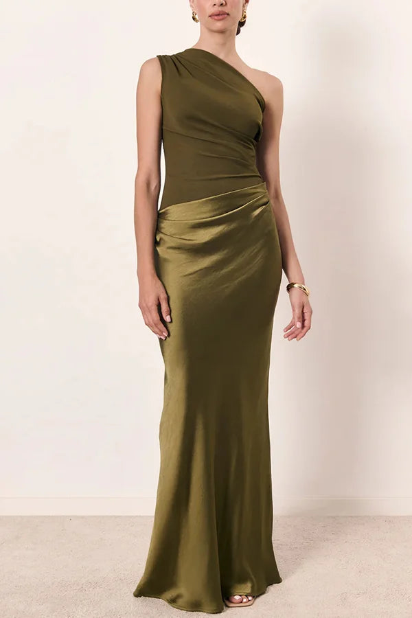 Women's One-Shoulder Asymmetric Draped Satin Maxi Dress Elegant Evening Gown