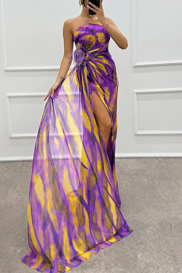 Women’s One-Shoulder Maxi Dress Feather Embellished High Slit Wedding Guest Gown