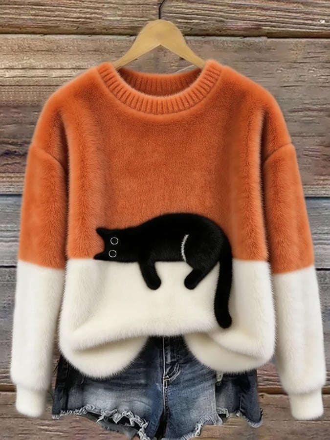 Women's Color-Block Cat Graphic Ribbed Knit Sweater