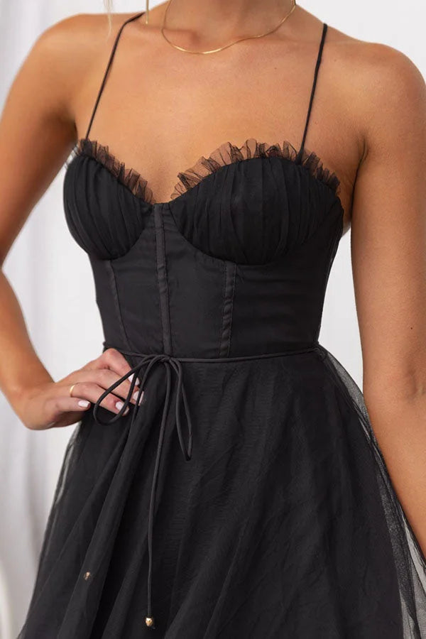 Women’s Tulle Bustier Midi Dress with Corset Bodice and Ruched Cups