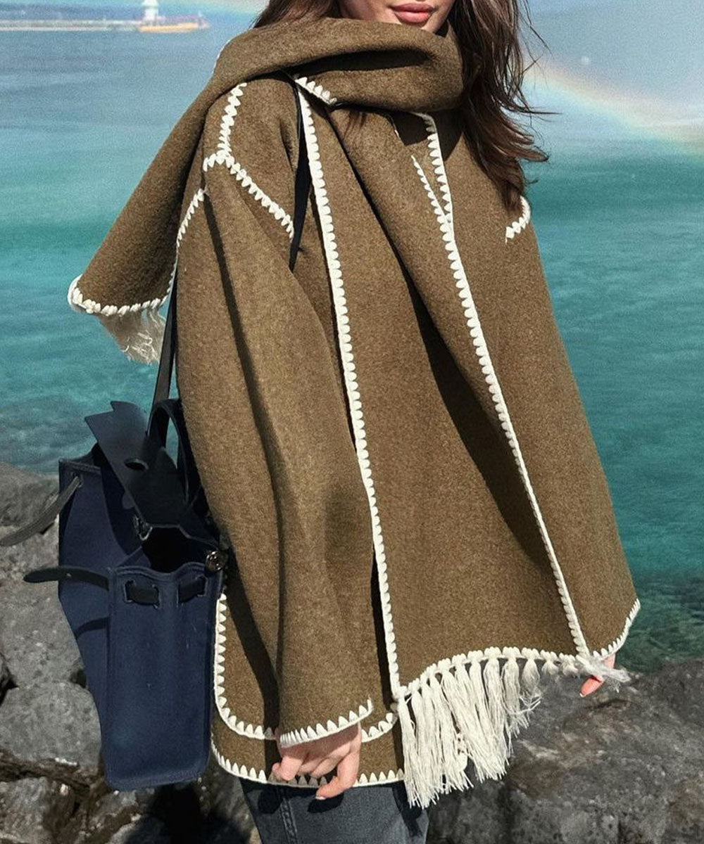 Women's Cape Coat with Contrast Trim and Fringe Detail