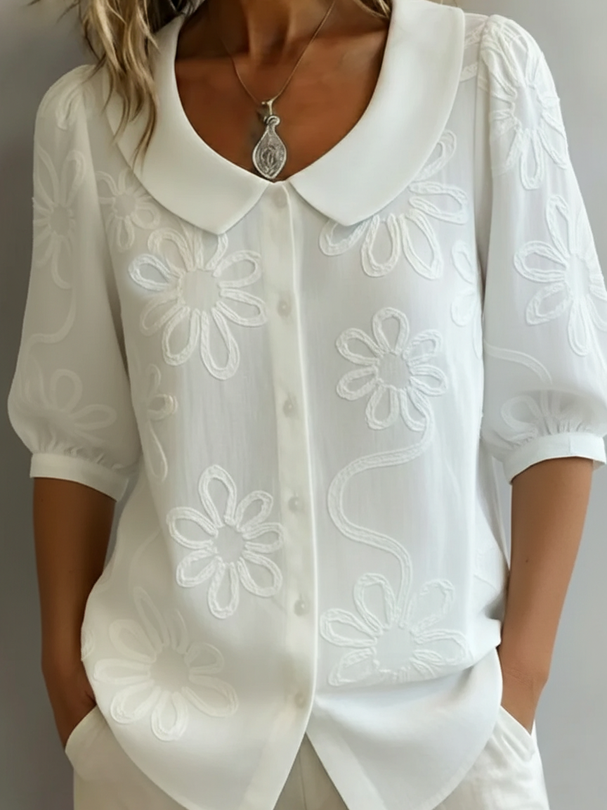 Women's Embroidered Floral Peter Pan Collar Puff Sleeve Blouse