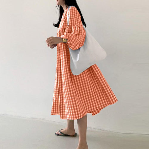 Women’s Gingham Maxi Dress Puff Long Sleeve Loose Fit Plaid Smock