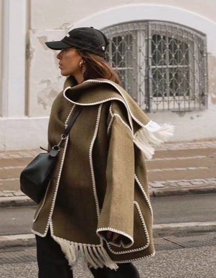 Women's Cape Coat with Contrast Trim and Fringe Detail