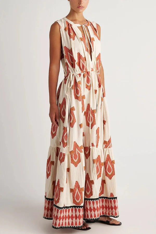 Women’s Maxi Dress with Shoulder Tie Straps and Tiered A-Line Silhouette