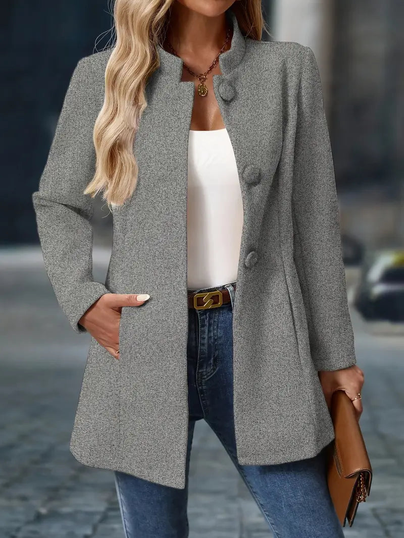 Women's Collarless Tailored Wool-Blend Coat With Long Sleeves
