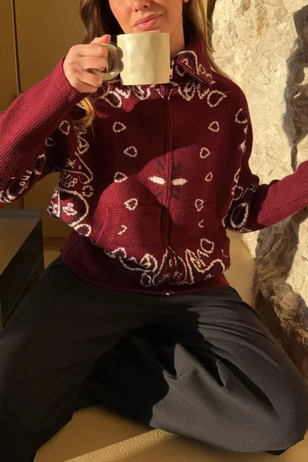 Women's Knit Zip-Up Sweater with Jacquard Paisley Print and High Turtleneck