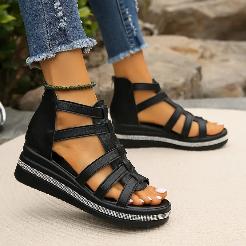 Women’s Wedge Gladiator Sandals with Rhinestone Trim