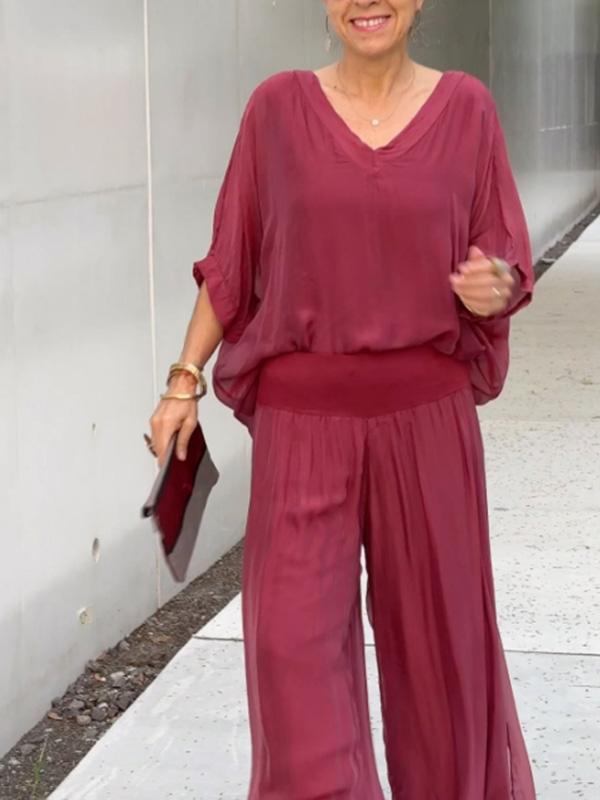 Women’s Two Piece Wide Leg Pant Set with V Neck Chiffon Tunic Top