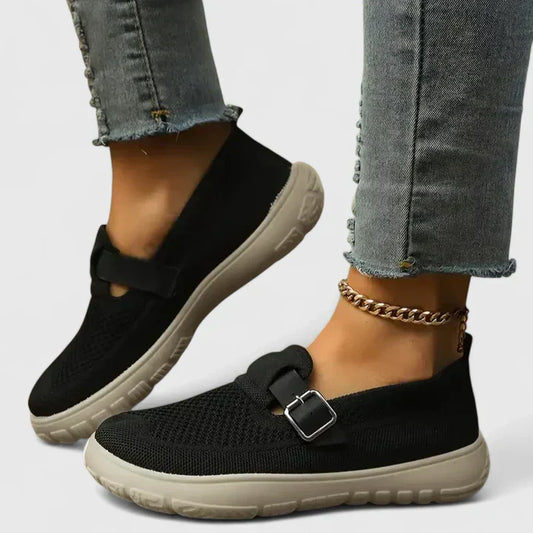 Women’s Slip-On Sneakers with Breathable Mesh and Decorative Buckle Strap