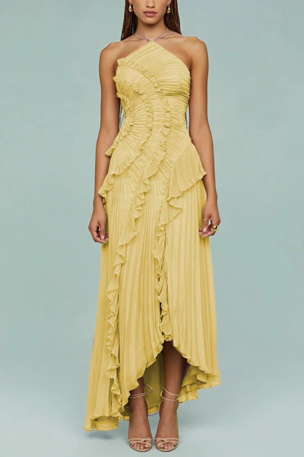 Women’s Pleated Halter Neck Ruffle Maxi Dress with Asymmetrical Hem