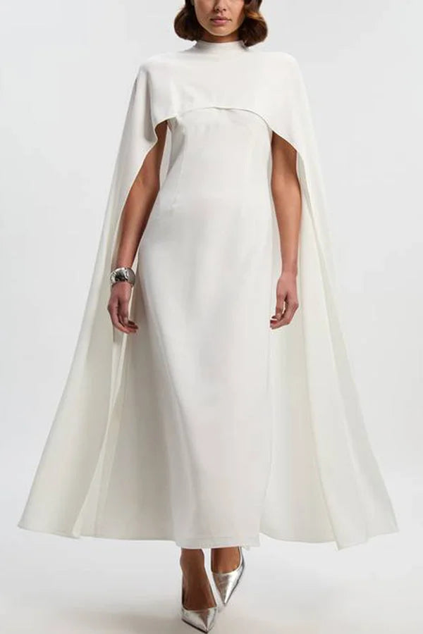 Women’s Tailored Cape Maxi Dress with Elegant High Neck and Column Silhouette