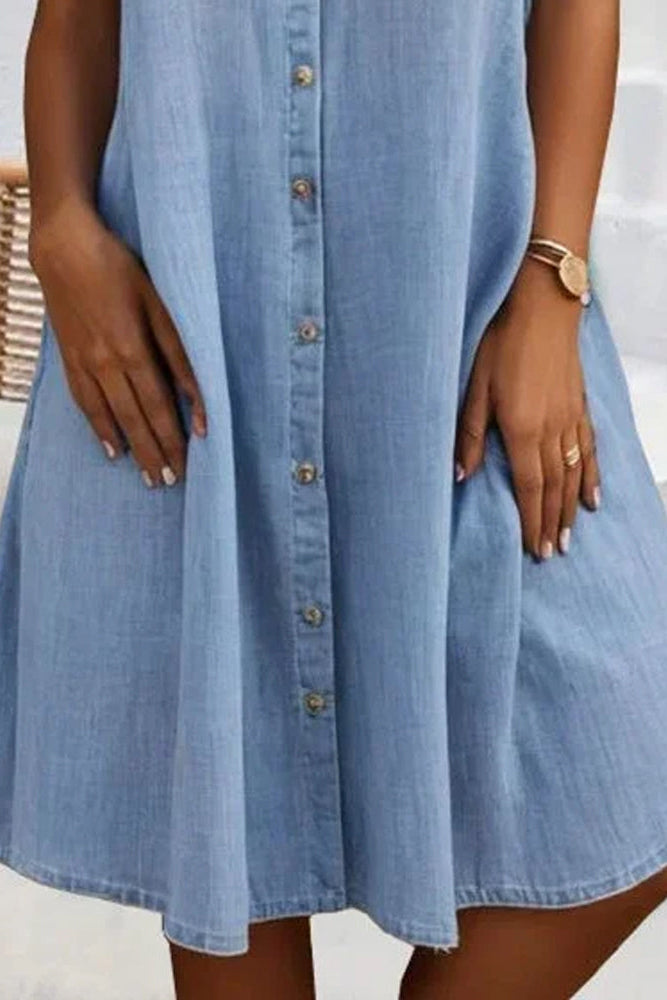 Women's Denim Shirt Dress Short Sleeve Button Down Collared Mini