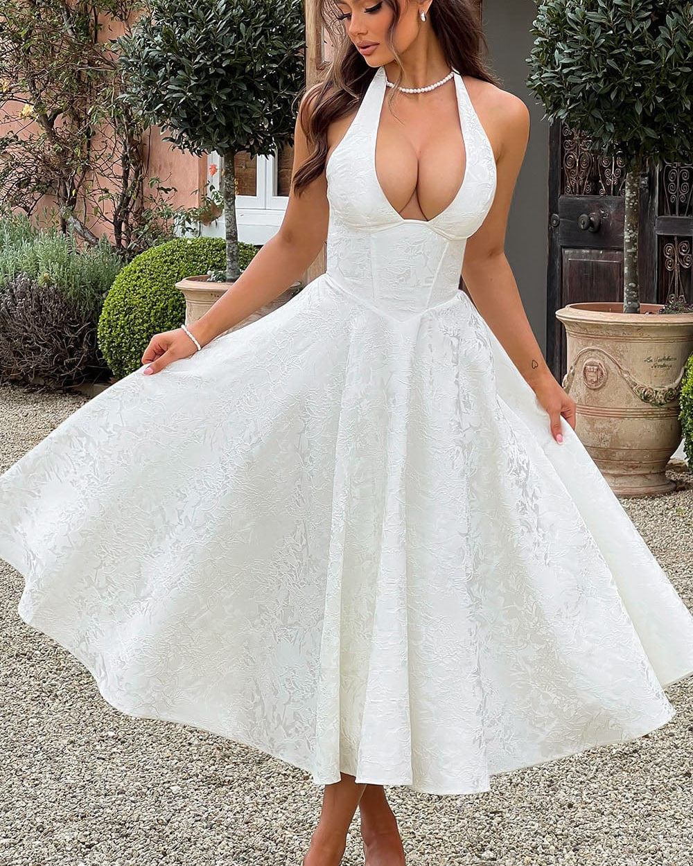 Women’s Jacquard Midi Dress Halter V-Neck A-Line Wedding Guest Gown