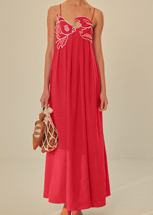 Women’s Maxi Shift Dress with Embroidered Fish Motif and Spaghetti Straps