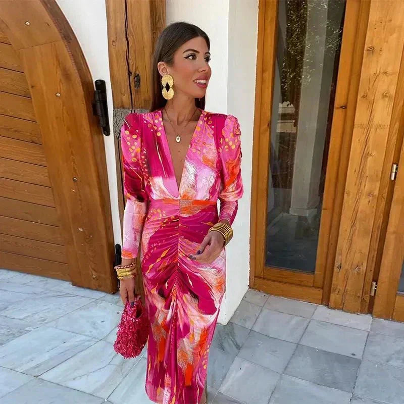Women’s Ruched Maxi Dress with Deep V-Neckline and Long Puff Sleeves