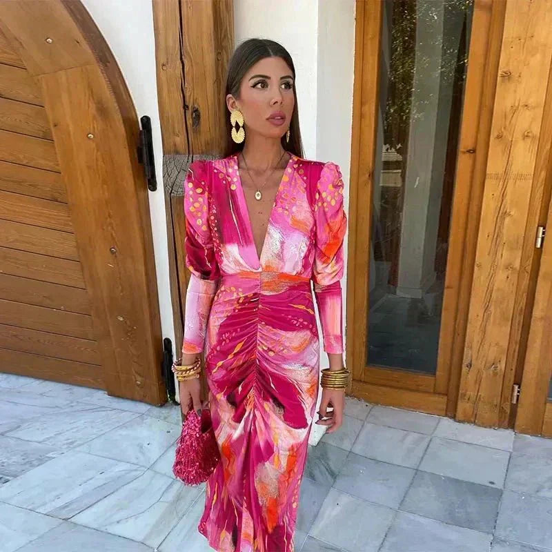 Women’s Ruched Maxi Dress with Deep V-Neckline and Long Puff Sleeves