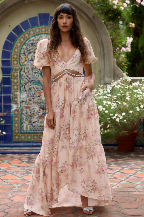 Women's Floral Puff-Sleeve Maxi Dress with Cinched Waist for Romantic Elegance