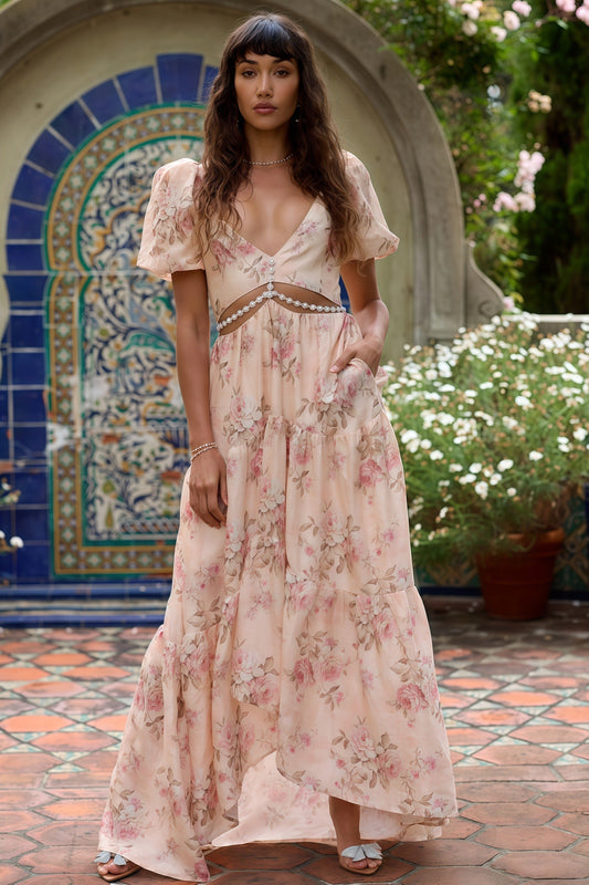 Women's Floral Puff-Sleeve Maxi Dress with Cinched Waist for Romantic Elegance