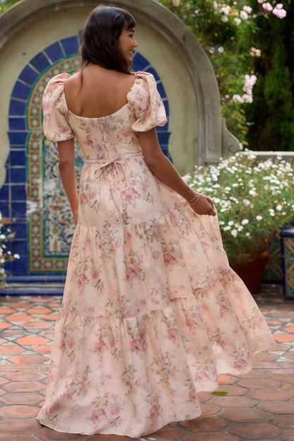Women's Floral Puff-Sleeve Maxi Dress with Cinched Waist for Romantic Elegance