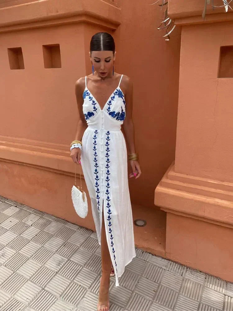 Women’s Maxi Dress with Floral Embroidery and Button-Front Slit Detail