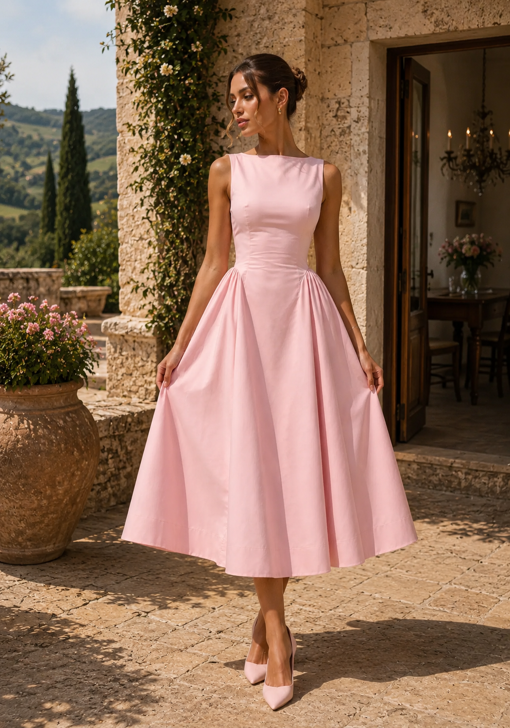 Women's Boat Neckline A-Line Midi Dress with Full Skirt for Timeless Elegance