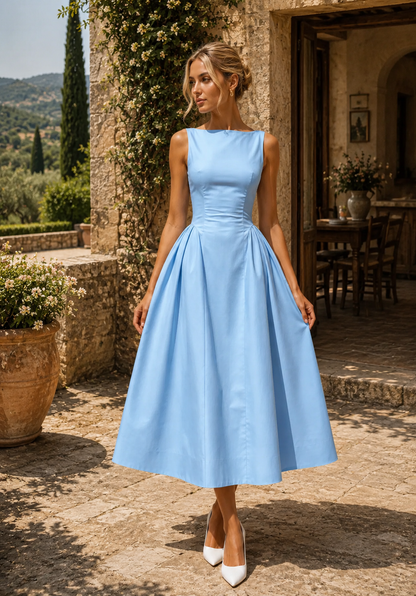 Women's Boat Neckline A-Line Midi Dress with Full Skirt for Timeless Elegance