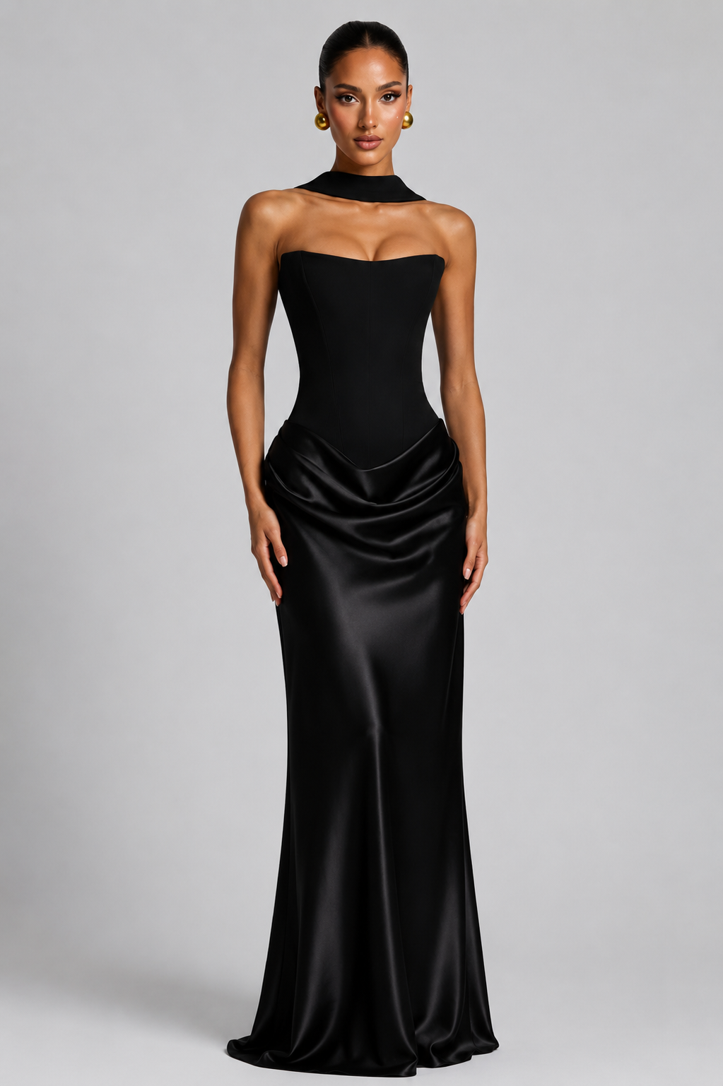 Women's Boned Corset Satin Maxi Dress with High Slit for Evening Elegance