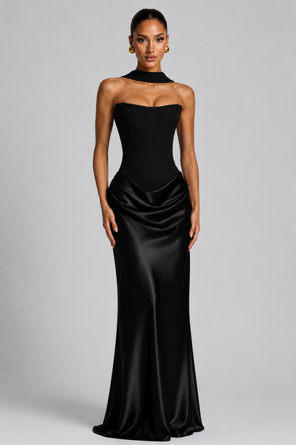 Women's Boned Corset Satin Maxi Dress with High Slit for Evening Elegance