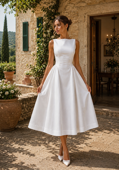 Women's Boat Neckline A-Line Midi Dress with Full Skirt for Timeless Elegance