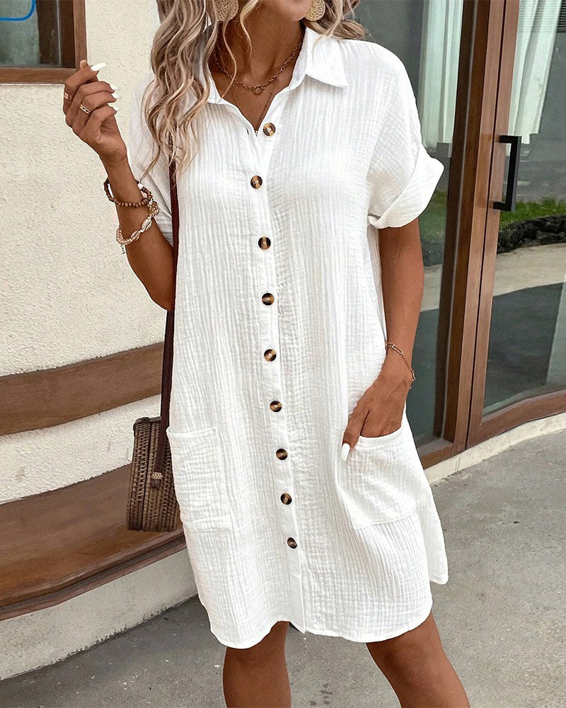 Women’s Shirt Dress with Button-Down Front and Functional Patch Pockets