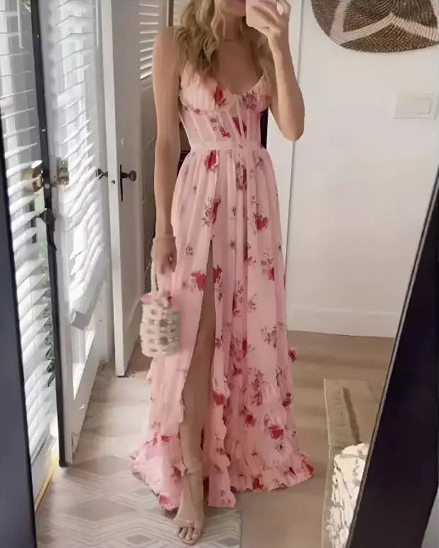 Women’s Floral Maxi Dress Corset Bodice High Slit Wedding Guest Gown