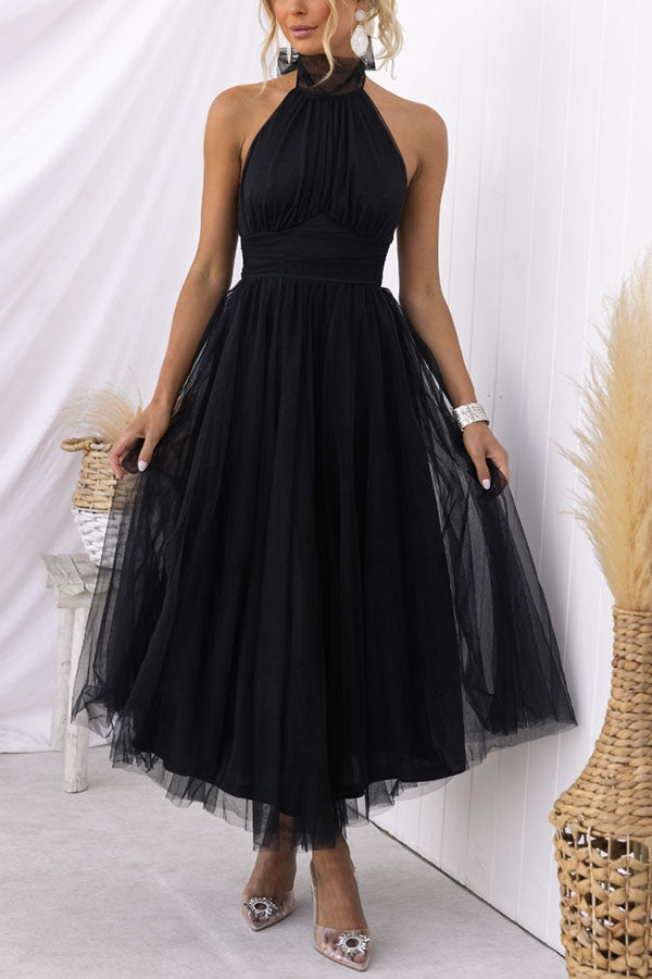 Women’s Midi Dress with Halter Neckline and Layered Tulle Skirt