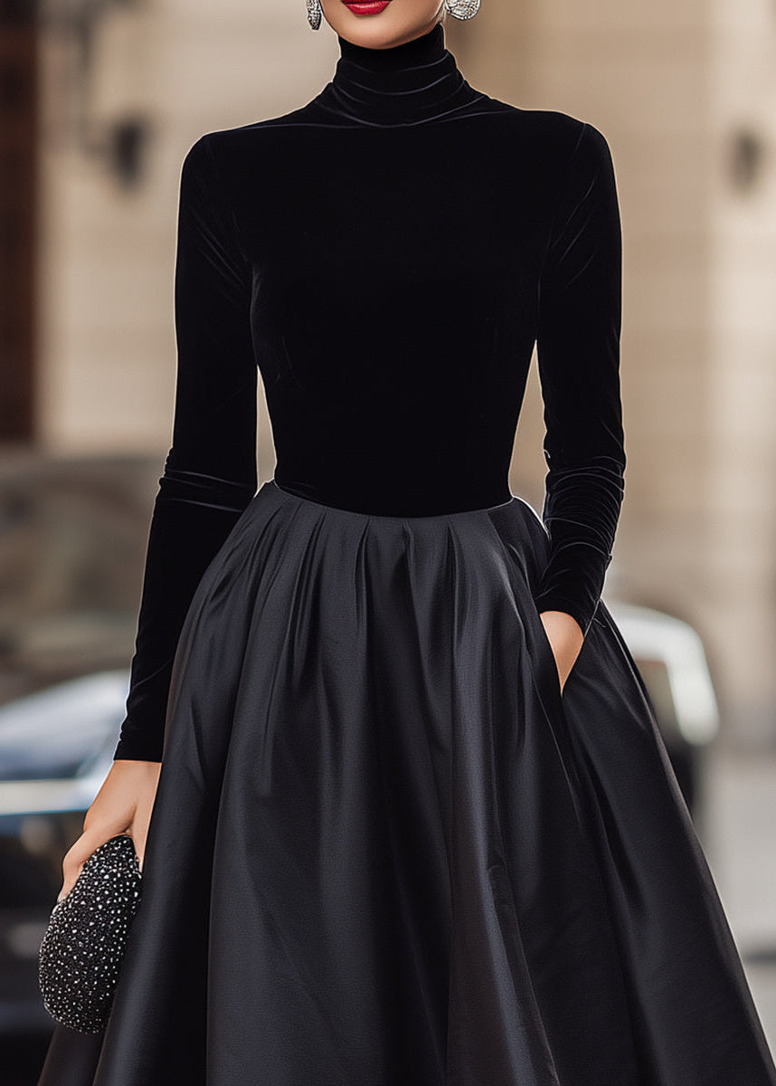 Ceylan Women’s Long Sleeve Velvet Midi Dress with Satin Skirt