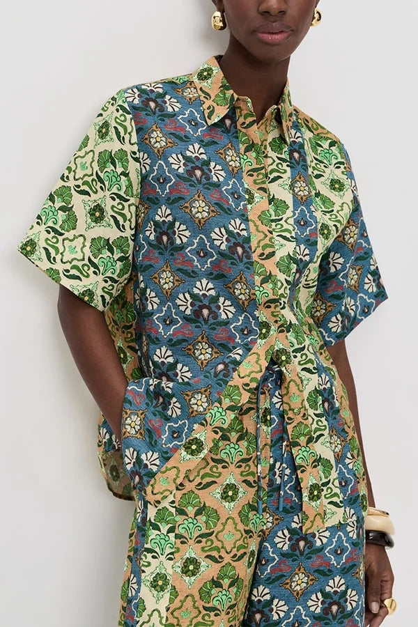 Women’s Two-Piece Set with Floral Patchwork Blouse and Wide Leg Pocket Pants