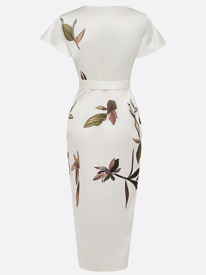 Women's Botanical Print Wrap Dress with Cinched Waist for Elegant Occasions