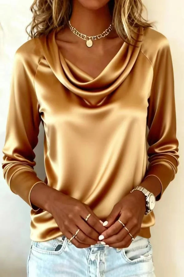Women’s Satin Draped Blouse with Cowl Neckline and Long Cuffed Sleeves