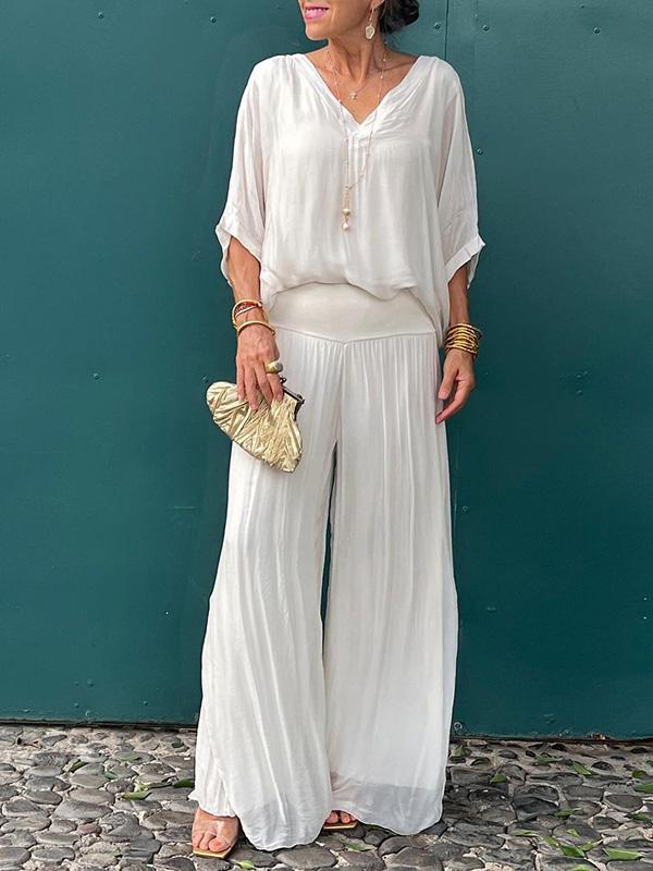 Women’s Two Piece Wide Leg Pant Set with V Neck Chiffon Tunic Top