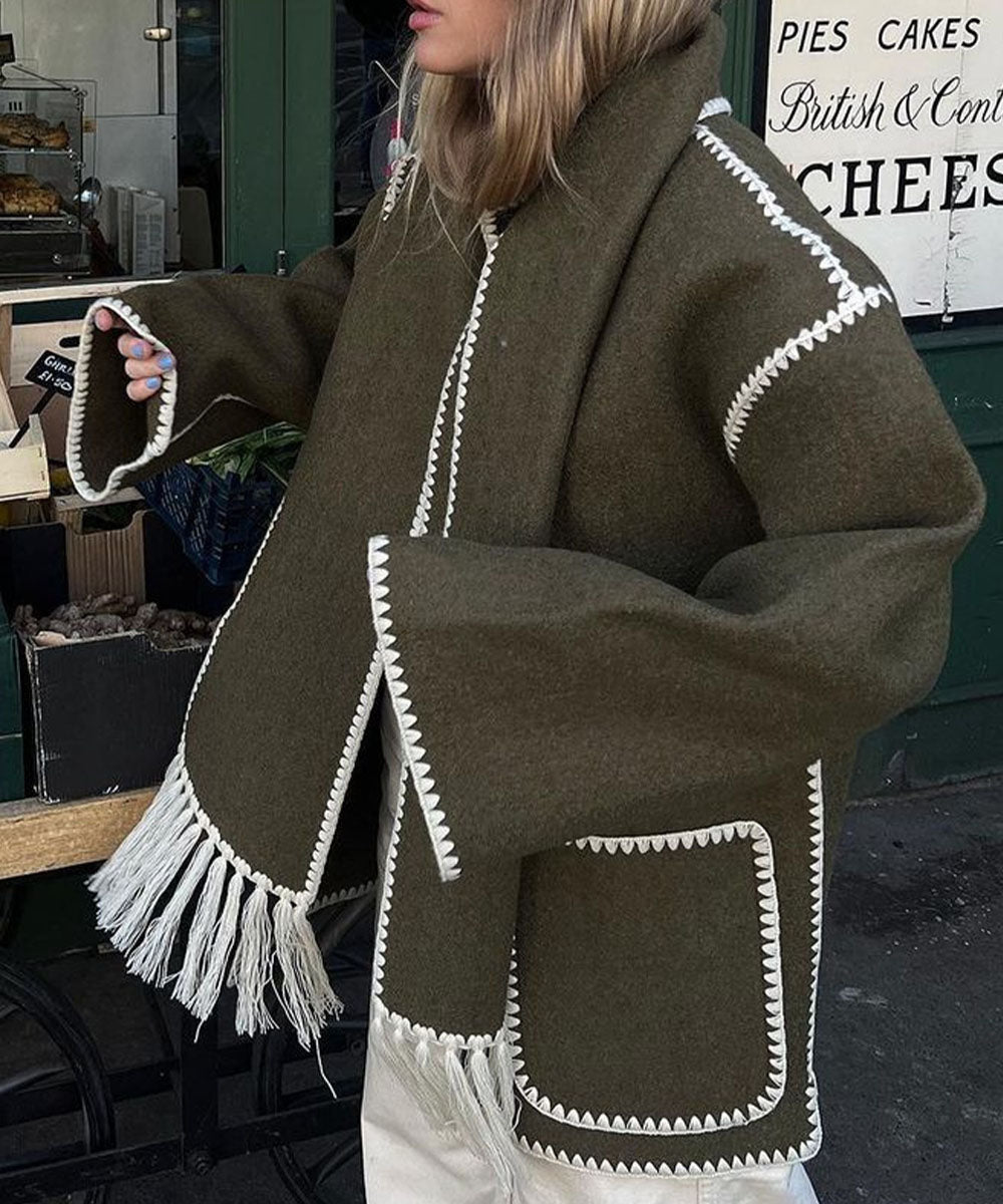 Women's Cape Coat with Contrast Trim and Fringe Detail