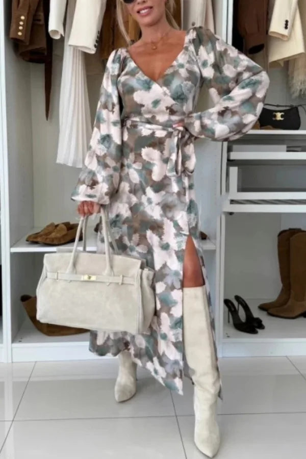 Women's Long Sleeve V-Neck Maxi Dress with Waist Tie and Side Slit Detail