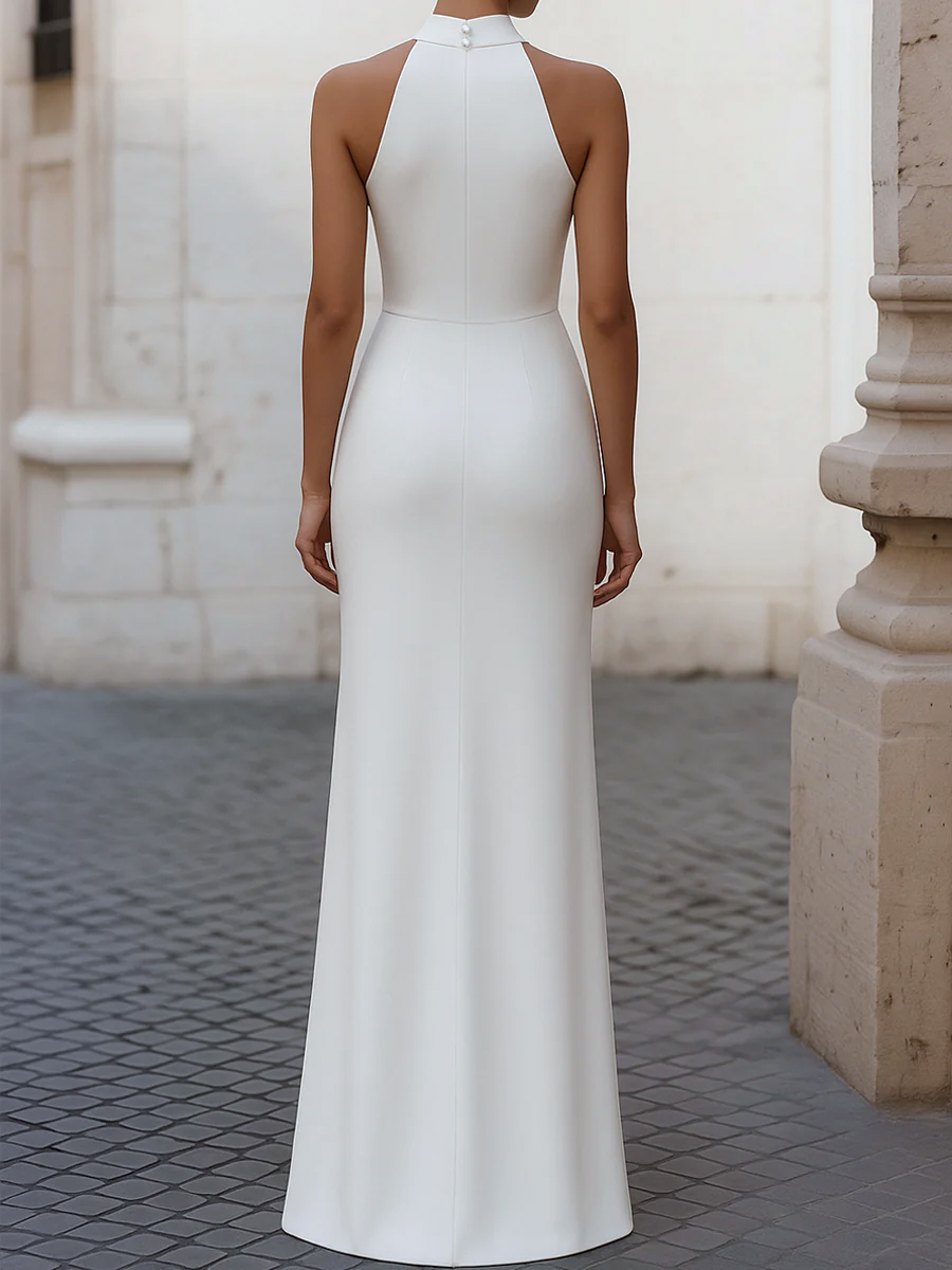 Ceylan Women’s Evening Gown Pleated Halter Neck Satin Finish