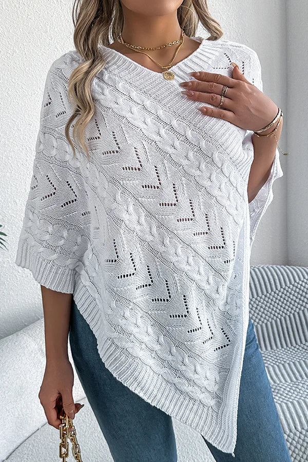 Women’s Knitted Cape with Openwork Pointelle Stitch and Scalloped Hem