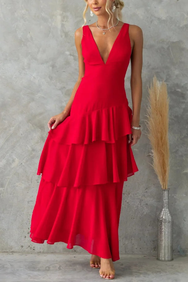 Women’s Sleeveless Maxi Dress with Tiered Skirt and Deep V-Neckline