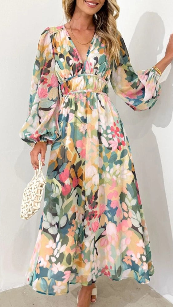 Women’s Midi Dress Floral Print V-Neck Long Sleeve Smocked Waist Gown