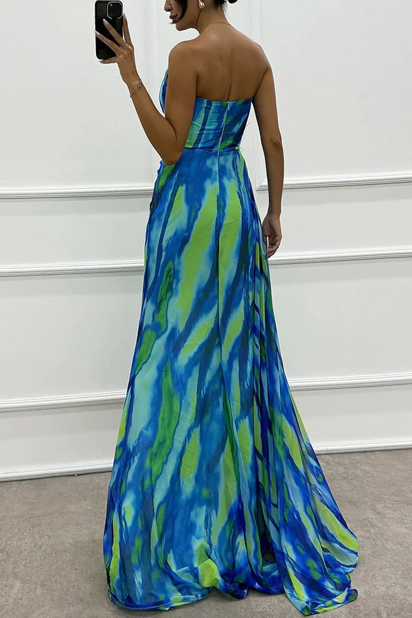 Women’s One-Shoulder Maxi Dress Feather Embellished High Slit Wedding Guest Gown