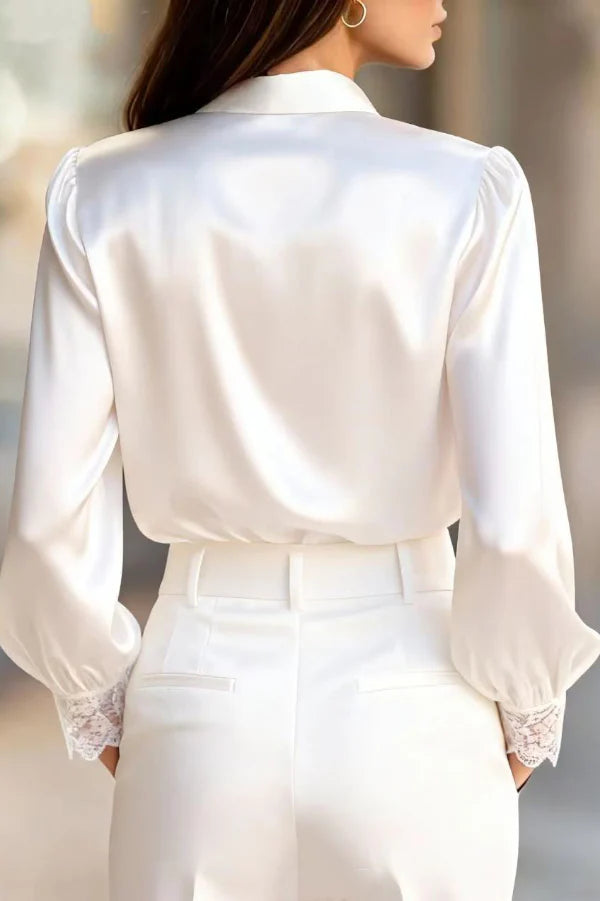 Women’s Satin Button Down Shirt with V-Neck Patchwork Lace and Elegant Puff Sleeves